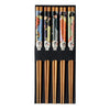 A set of five chopsticks, featuring wood-toned handles and colorful printed Japanese geisha designs on the upper sections.