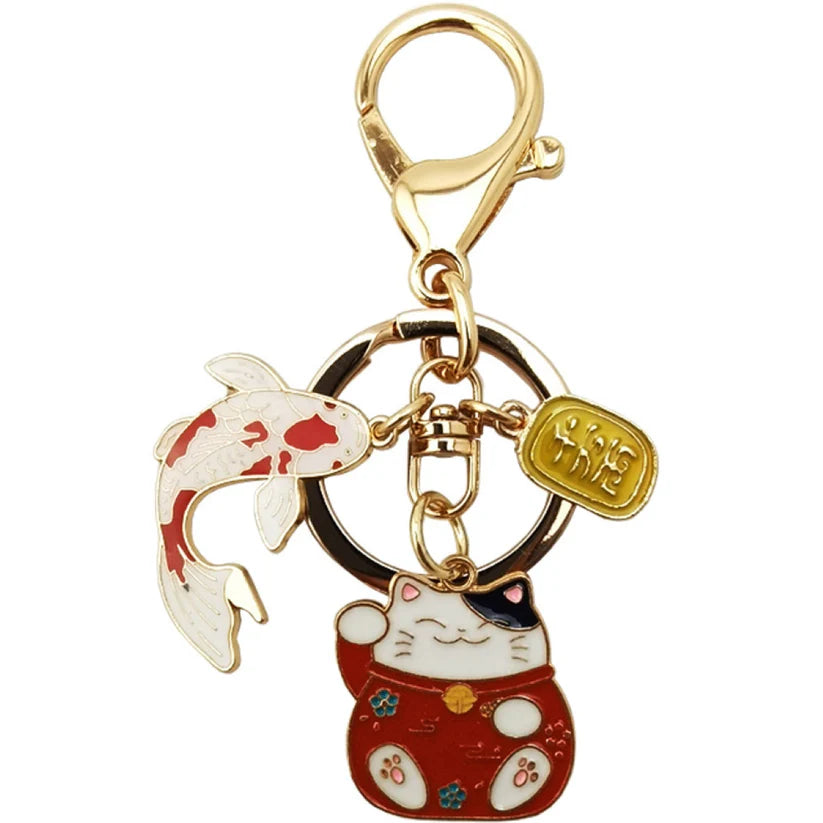 Red Lucky Cat Enamel Keychain