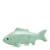 A glossy ceramic fish figurine in a pale mint green glaze, featuring detailed scale patterns and a small black eye, set against a plain white background.