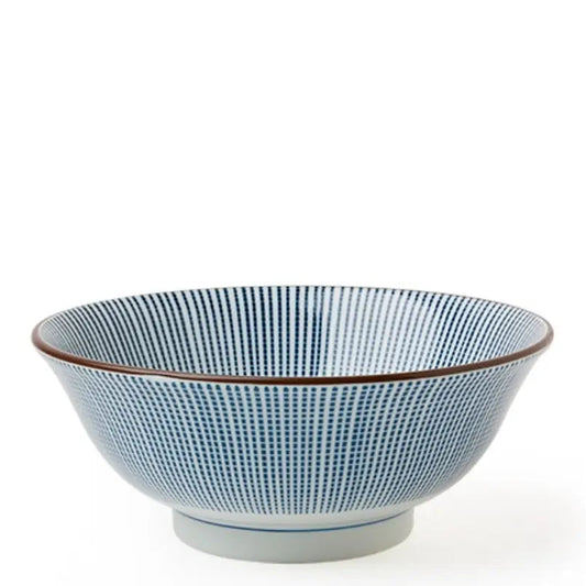 A ceramic bowl with a blue and white striped pattern and a thin brown rim, shown on a plain white background.