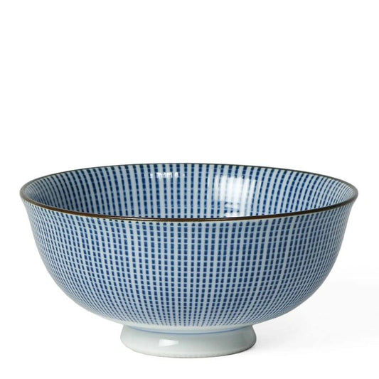 A ceramic bowl with a blue and white grid pattern and a thin dark rim, shown on a plain white background.