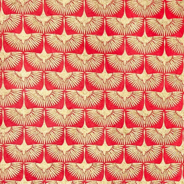 Red and gold patterned paper featuring a repeating crane motif.