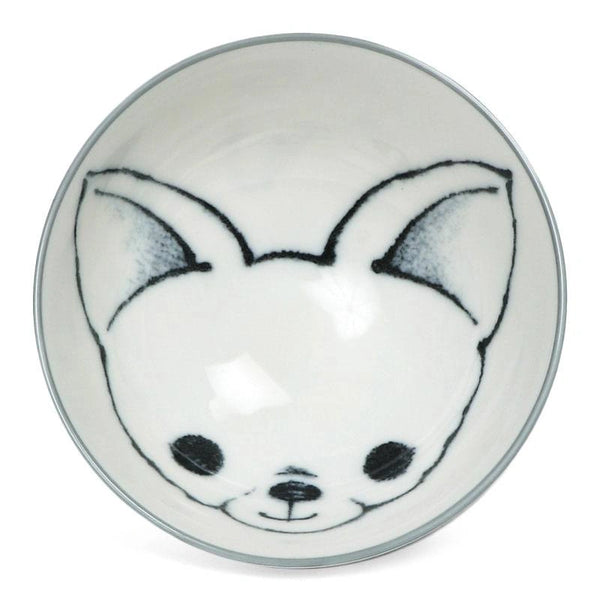 Ceramic bowl with a cute black outline of an animal face, featuring big ears and a small nose, on a white background. Playful and charming design.