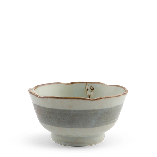A ceramic bowl with a scalloped rim, featuring a light green glazed interior, a textured gray-blue band around the middle, and a rustic brown edge.