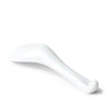 A white ceramic spoon, likely a soup or miso spoon, shown from a side angle on a clean white background.