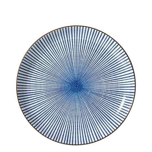 A round ceramic plate featuring a blue and white radial dotted pattern that converges toward the center, with a thin dark rim, shown against a plain white background.