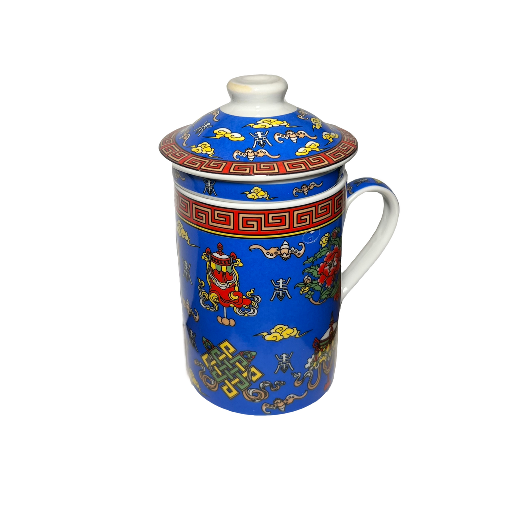 Ceramic Mug with Infuser and Lid - Blue with Auspicious Design