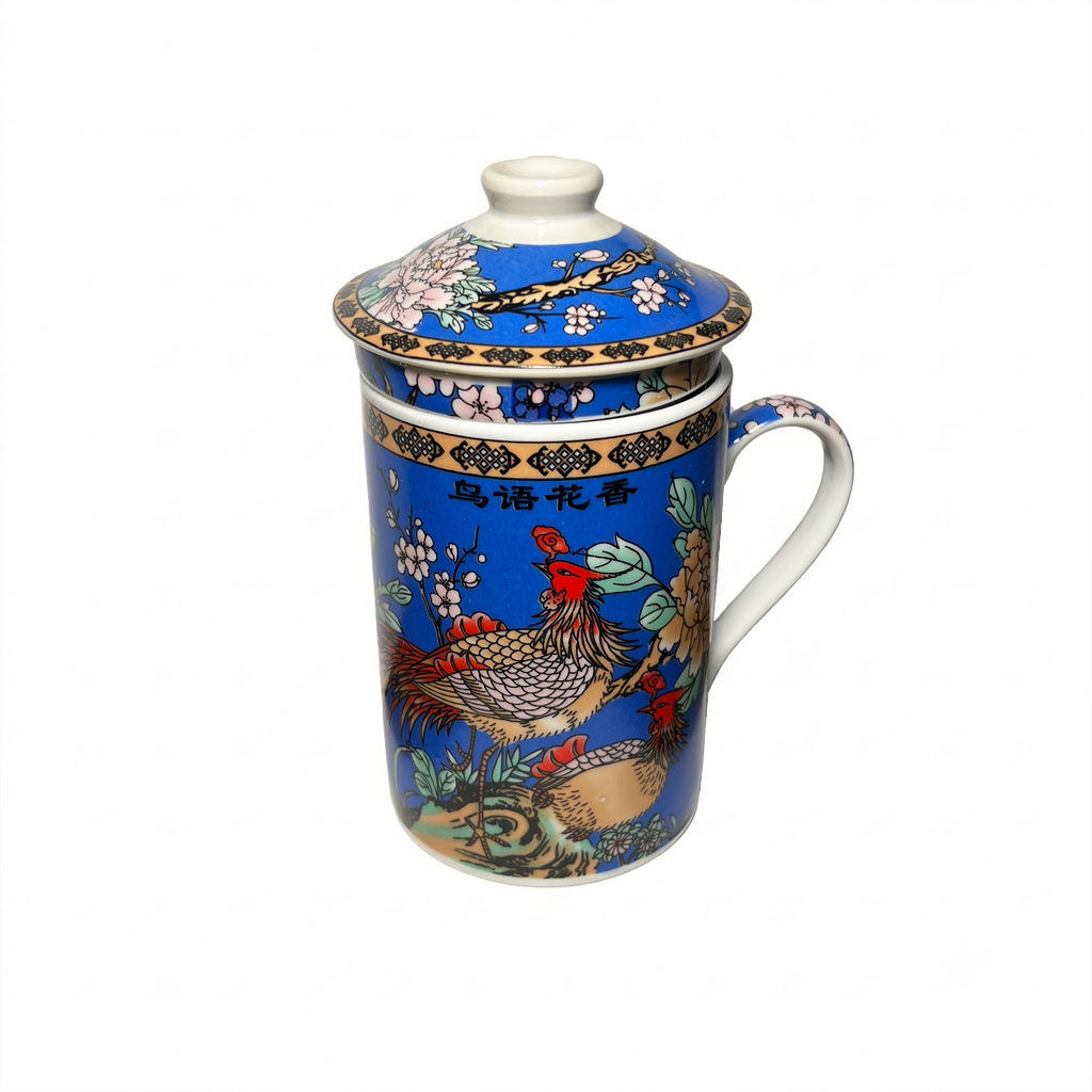 Ceramic Mug with Infuser and Lid - Blue with Bird Design