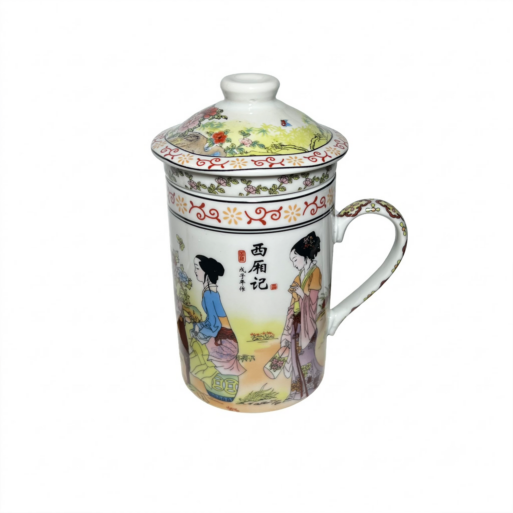 Ceramic Mug with Infuser and Lid - White with Noble Lady Design