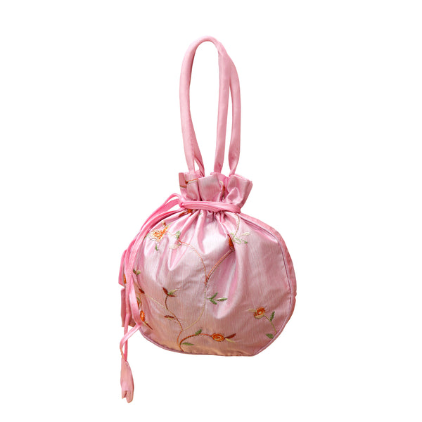 Mini Pouch with Embroidered Floral Design - Pink