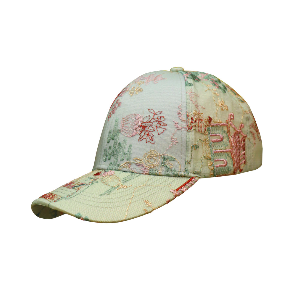 Cap with Embroidered Floral Design - Light Green