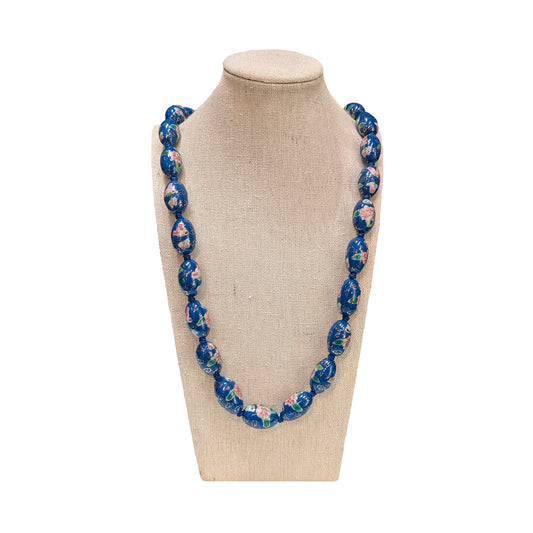 Azure Oval Cloisonne Necklace with Lotus Design