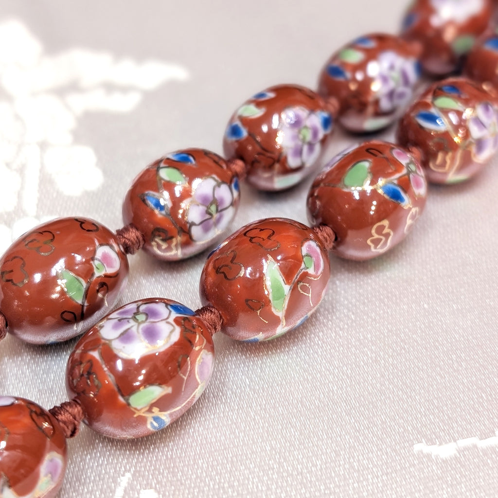 Oval Cloisonne-Design Porcelain Necklace with Lotus Design (Various Colors)