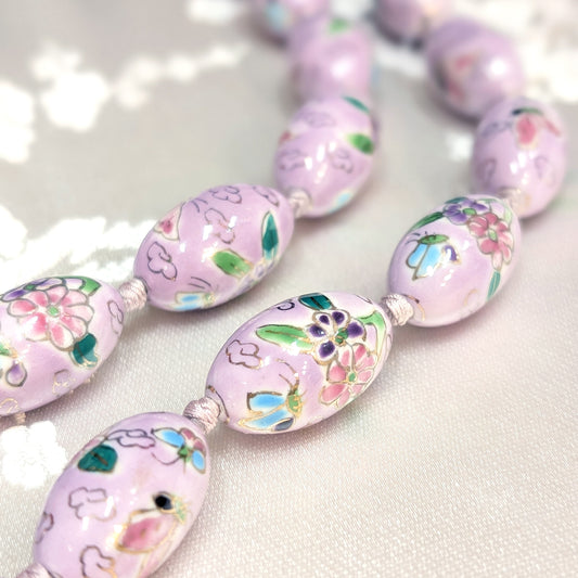 Oval Cloisonne-Design Porcelain Necklace with Lotus Design (Various Colors)