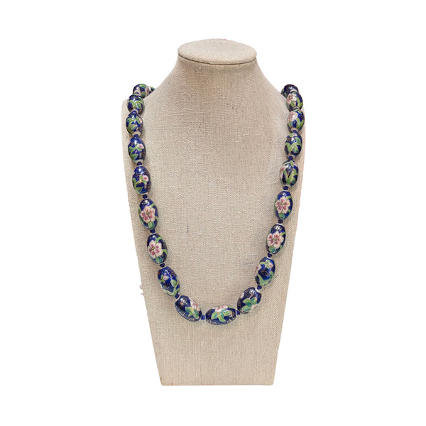 Dark blue Oval Cloisonne Necklace with Lotus Design