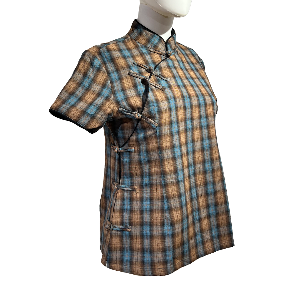 Checkered Qipao Top with Short Sleeves - Blue