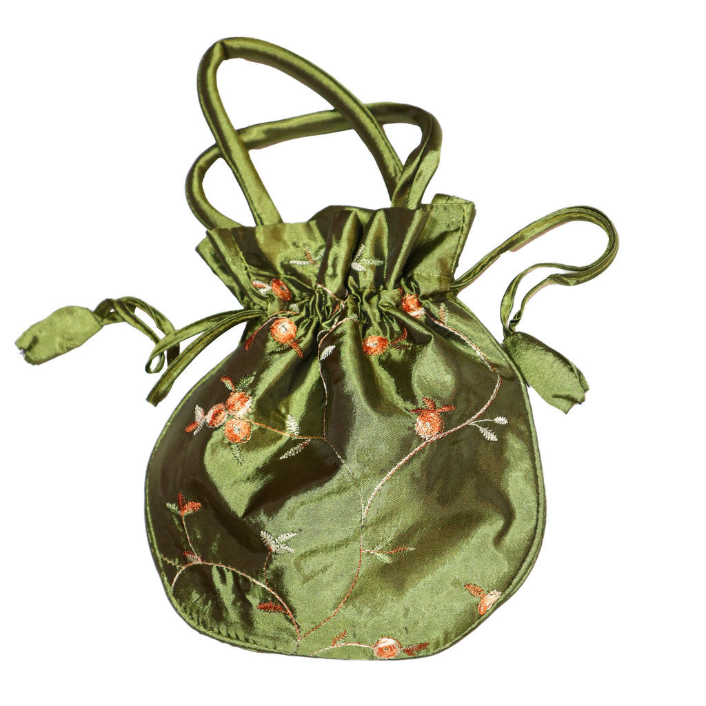 Mini Drawstring Pouch with Floral Design - Olive Green