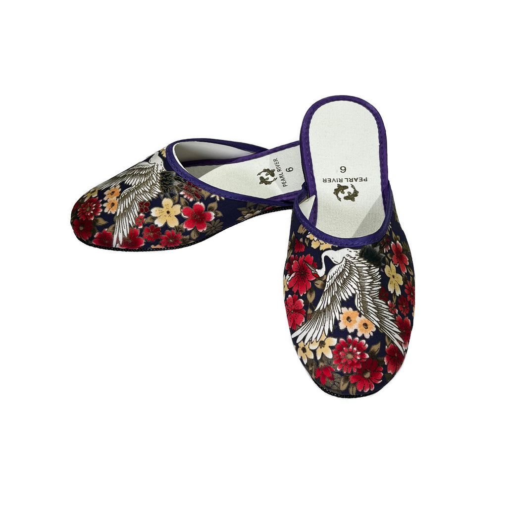 Fabric Slippers with Printed White Crane Design (Assorted Colors)