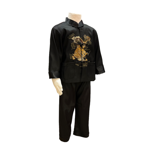 Traditional children's outfit in black with dragon design on mannequin