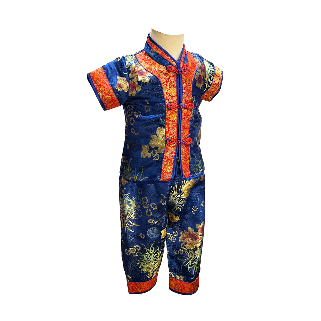 Blue Double Floral Brocade Kids Outfit