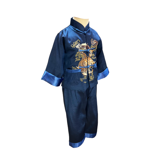 Traditional blue children's outfit with dragon design on mannequin