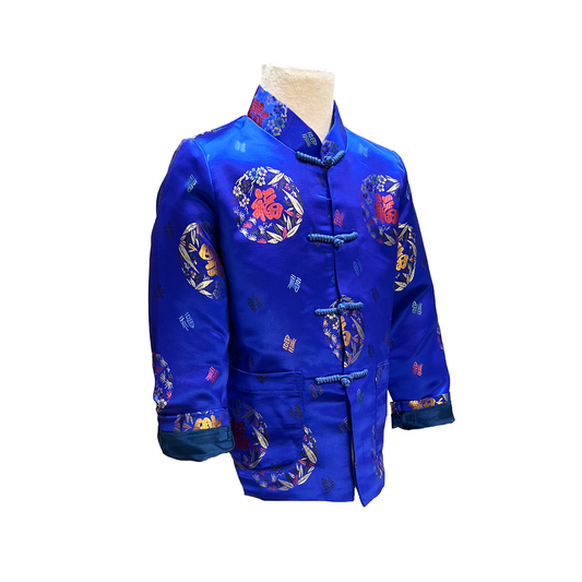 Bright blue traditional jacket with Chinese characters on mannequin