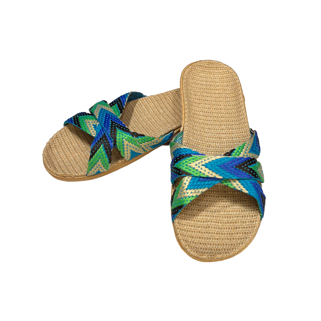 Women's Cross-Band Sliders with Woven Sole - Blue and Green