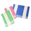 Green, pink, and blue striped towels with blue unfolded 