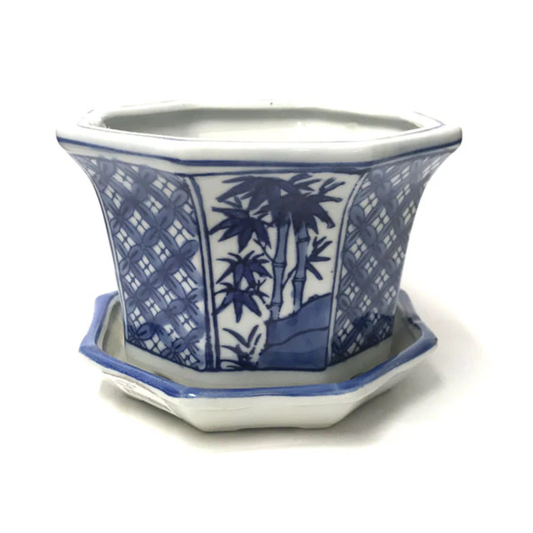 blue and white ceramic plant pot Blue on White Ceramic Flower Pot with Tray (Hexagon