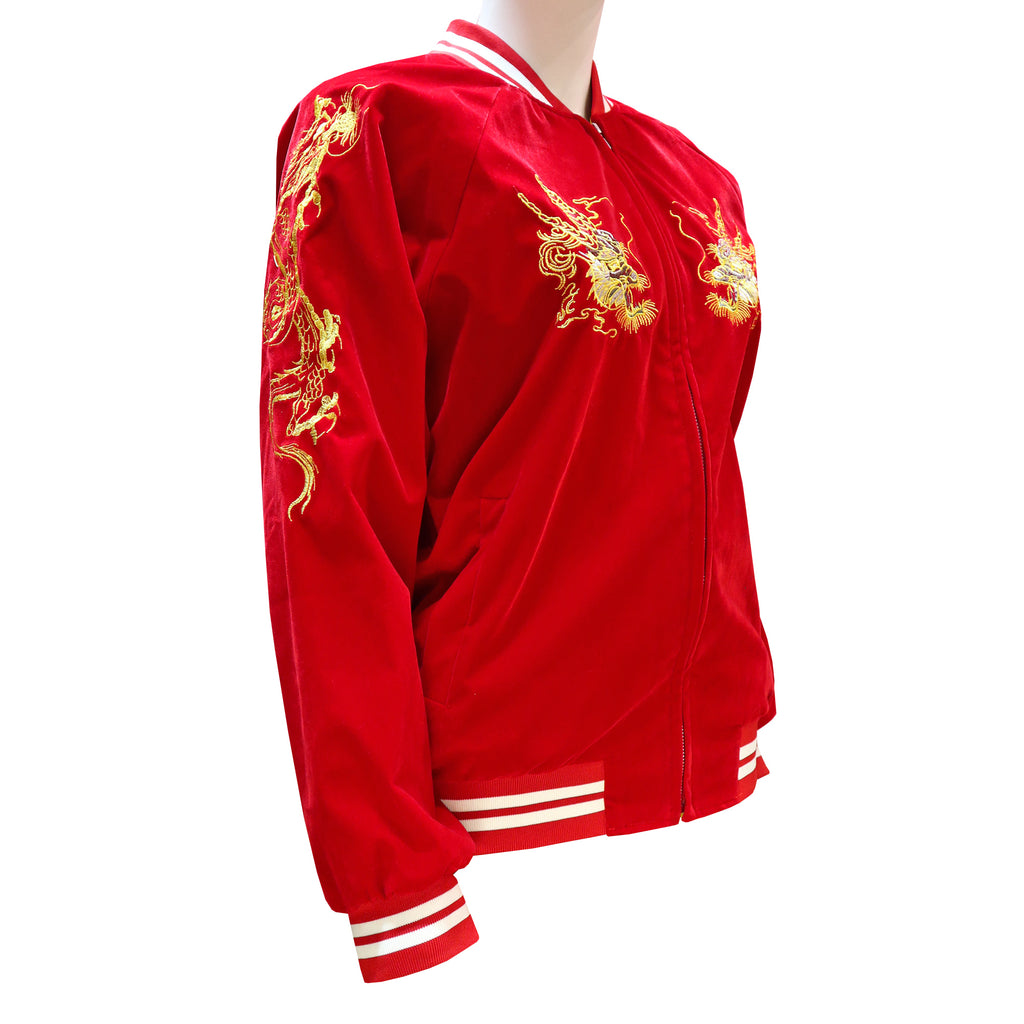 Women's Bomber Jacket with Gold Dragon - Red