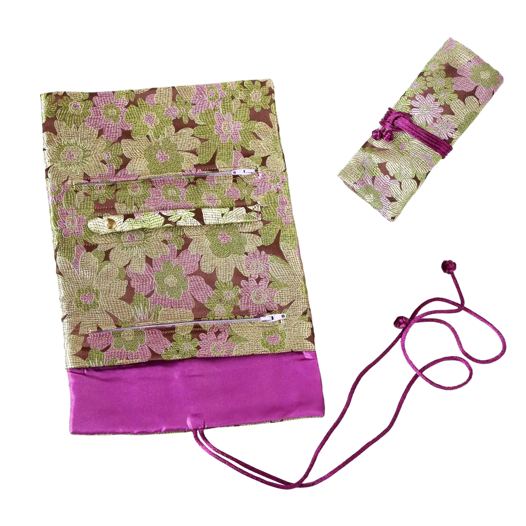Floral Brocade Jewelry Roll - Green and Purple Daisies