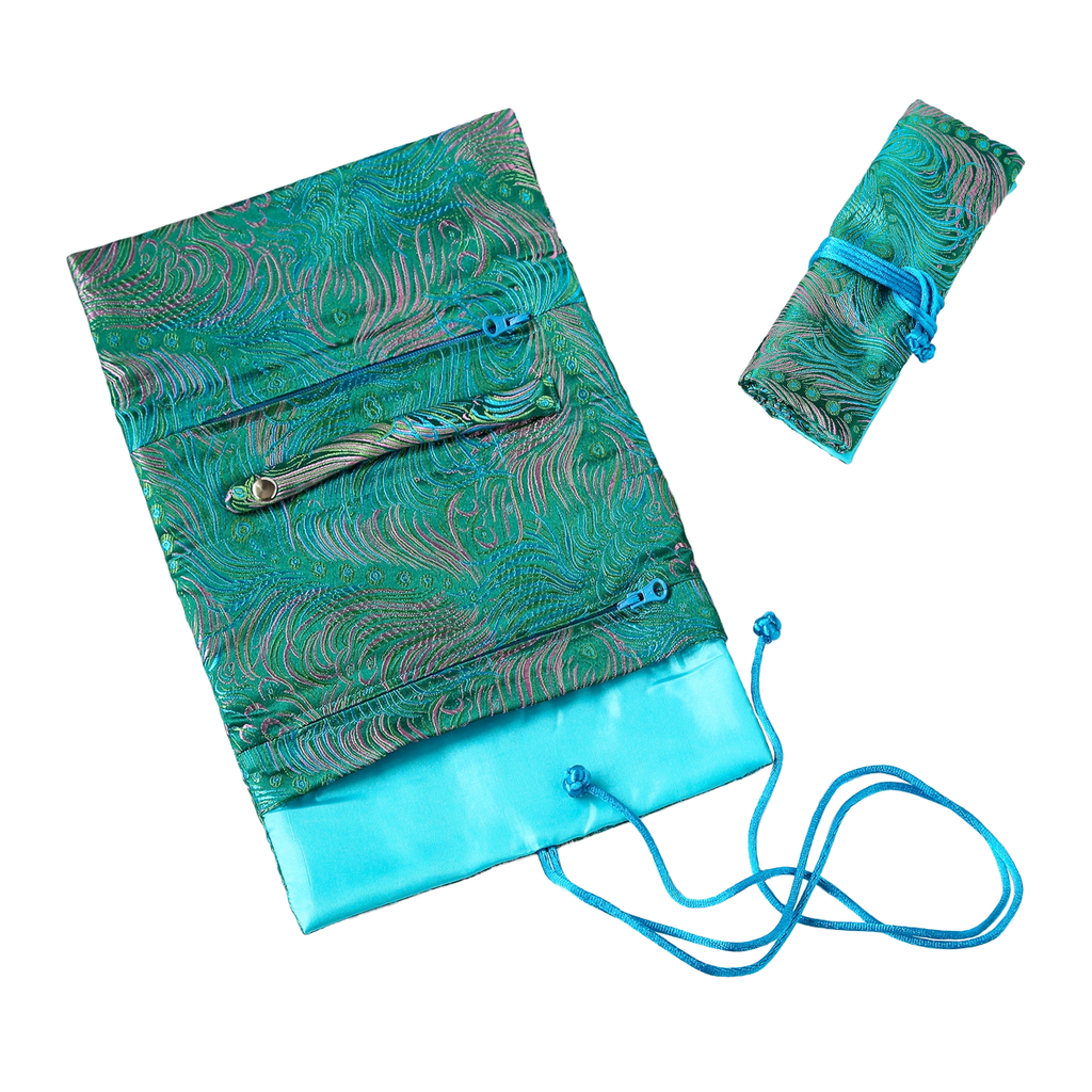 Floral Brocade Jewelry Roll - Green and Pink Peacock