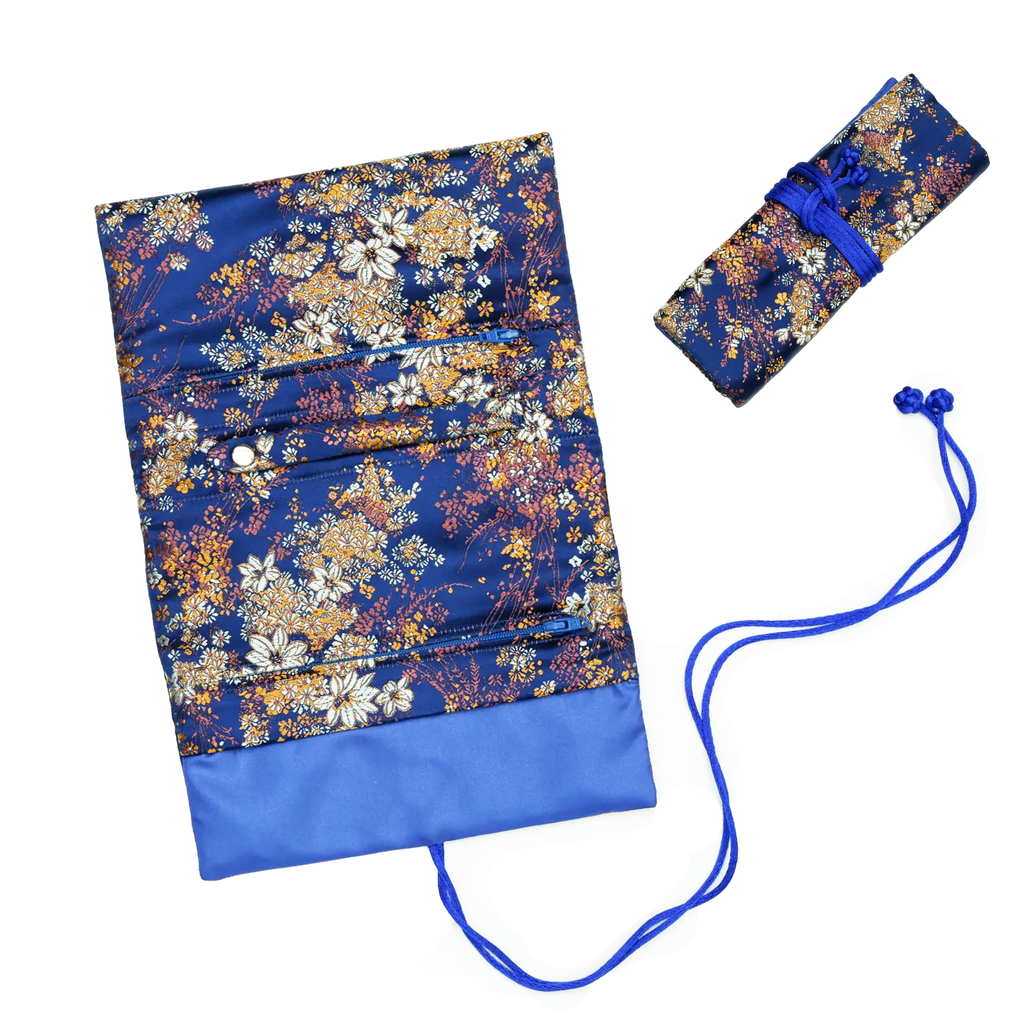Floral Brocade Jewelry Roll - Royal Blue with Gold Flowers