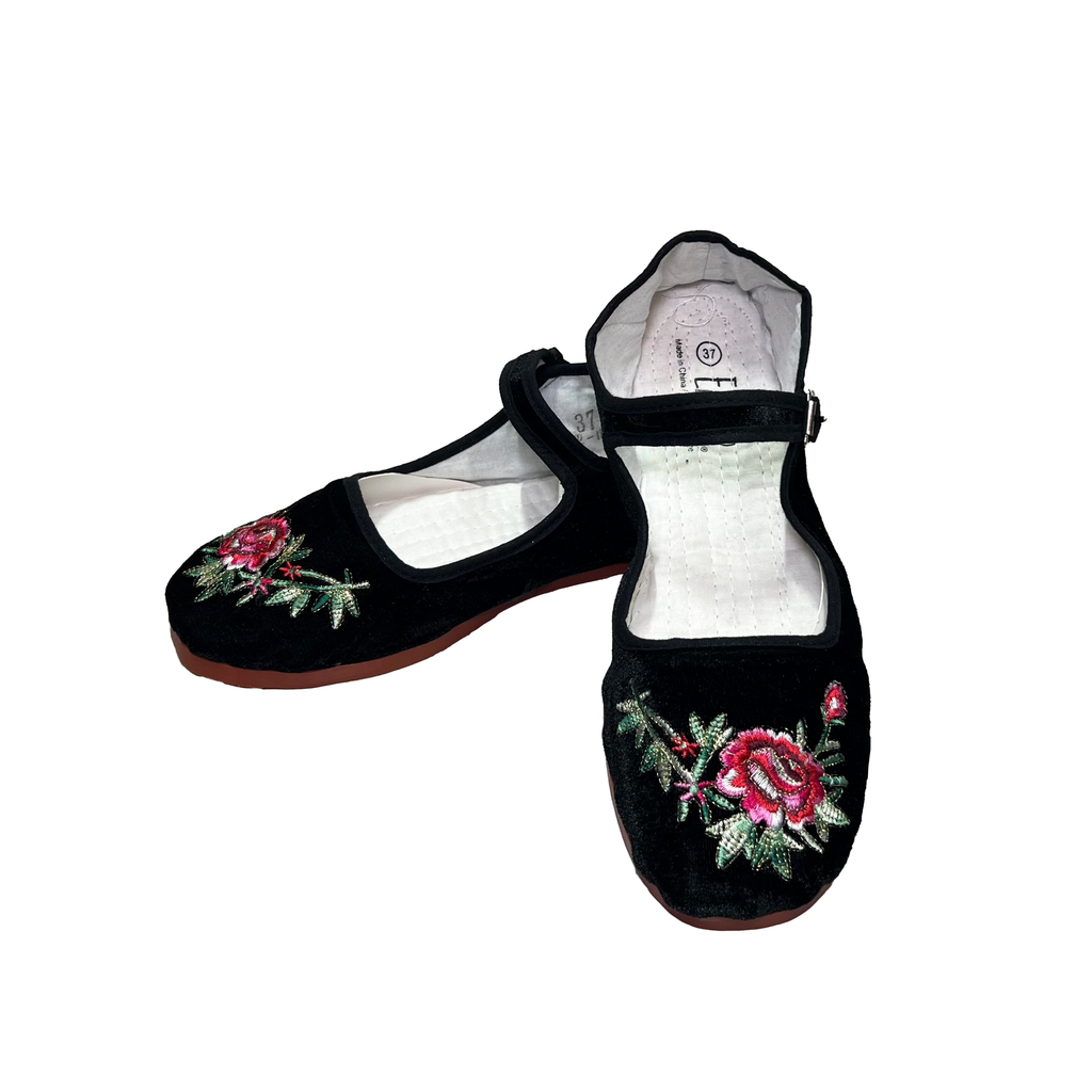 Black Velvet Peony Embroidered Mary Jane Shoes
