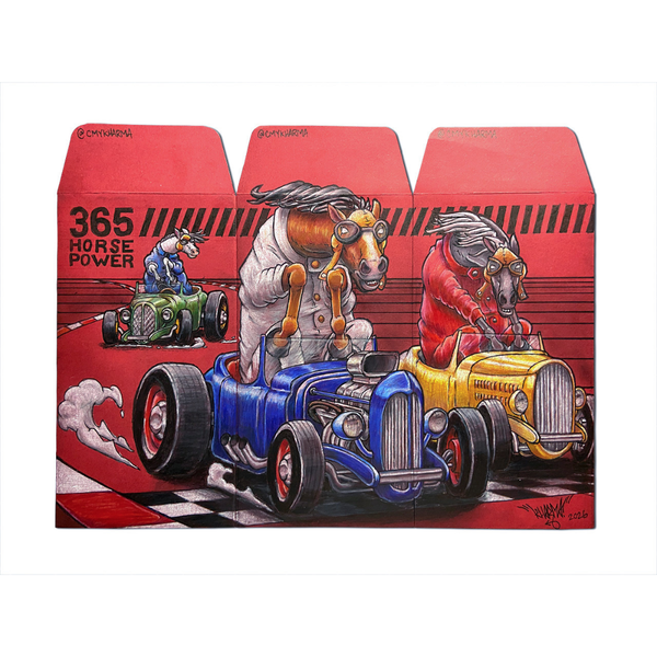 Three horses driving old-fashioned race cars on a red background, featuring '365 Horse Power' text.