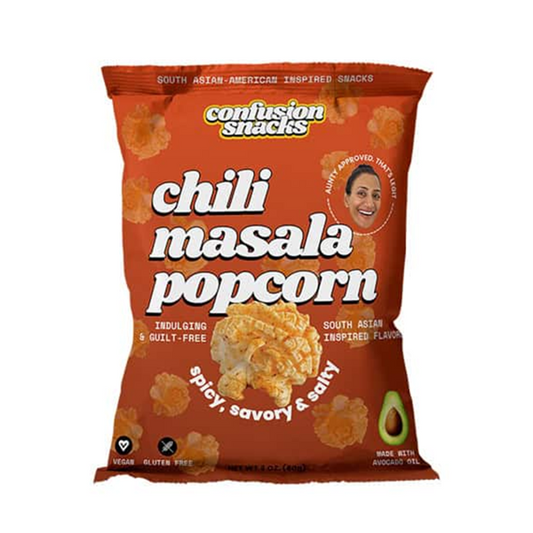 Bag of confusion snacks chili masala popcorn on a white background