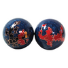 Two blue balls with red and black designs on a white background