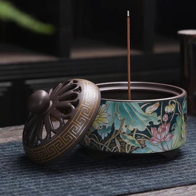 Round Enamel Incense Burner - Lotus