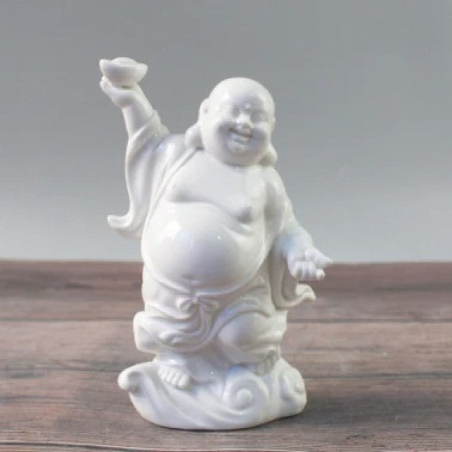 6"H White Ceramic Buddha with Ingot
