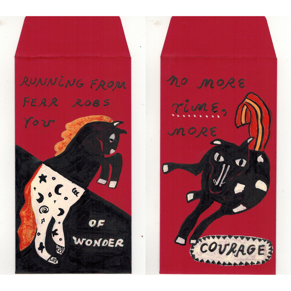 Two red envelopes with black horse illustrations and motivational text on a white background