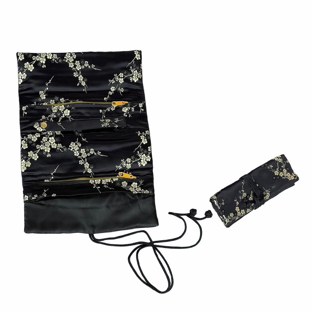 Floral Brocade Jewelry Roll - Black with Cherry Blossoms
