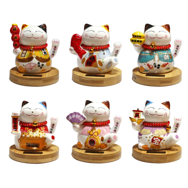 Solar Powered Hand Motion Lucky Cat on Bamboo Stand in 6 assorted styles