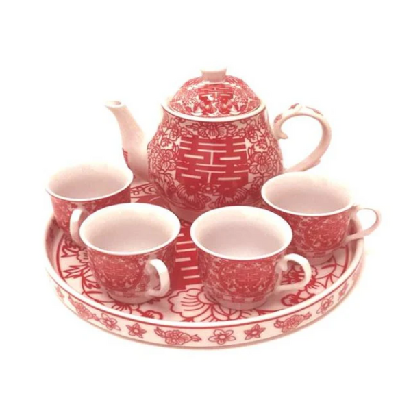 Classic style Double Happiness Design Ceramic Tea Set with Tray