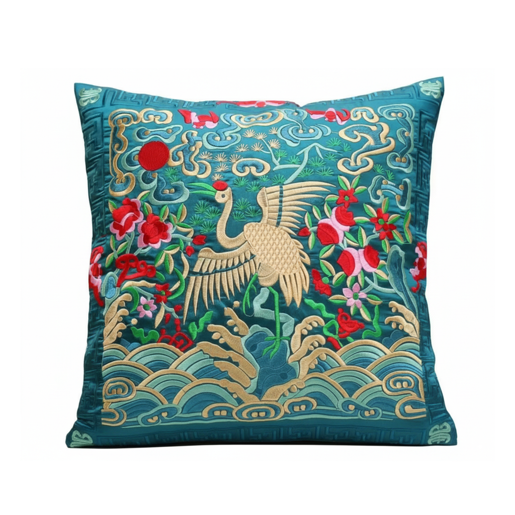 Deluxe Embroidered Cushion Cover with Crane Design (Various Colors)