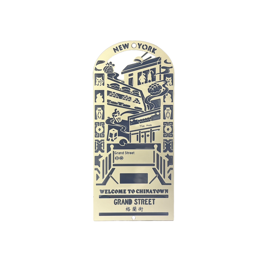 Decorative bookmark for Chinatown in New York with architectural elements and text.