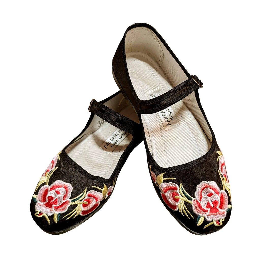 Embroidered Peony Mary Jane Shoes - Black