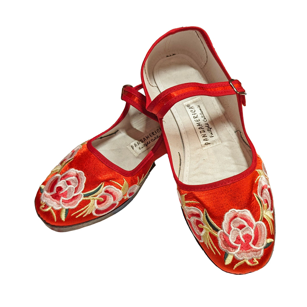 Embroidered Peony Mary Jane Shoes - Red