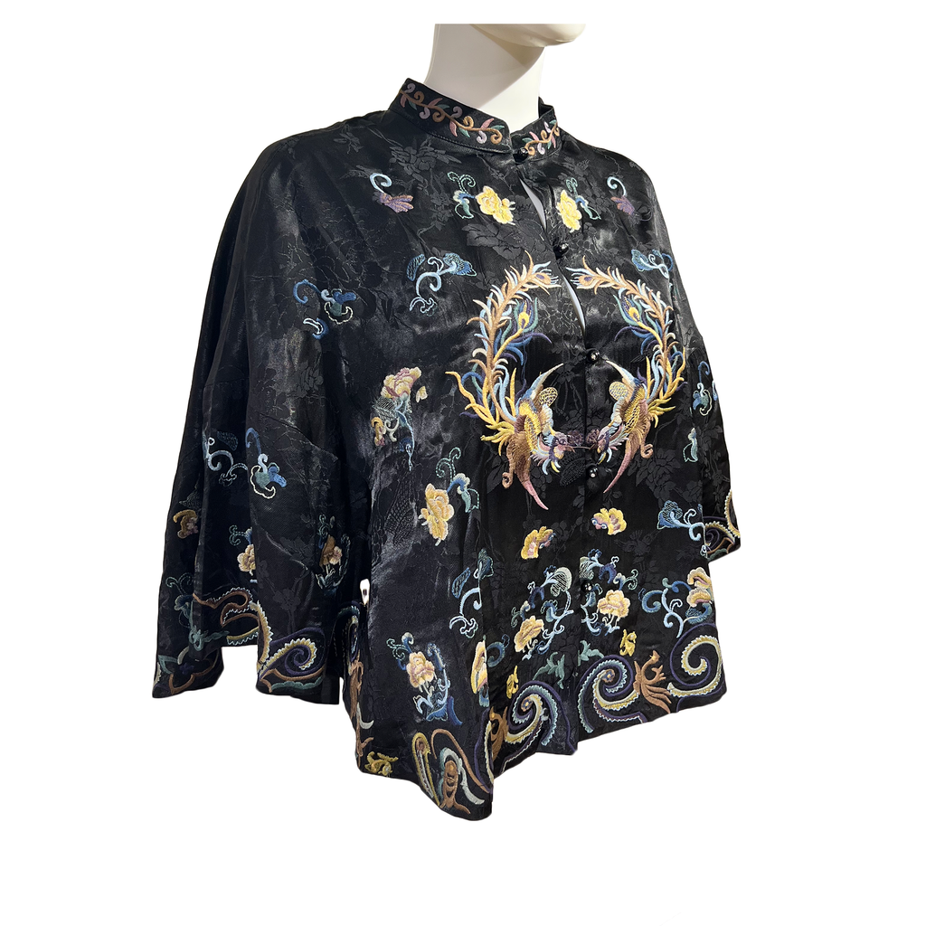 Embroidered Cape with Floral and Phoenix Pattern - Onyx