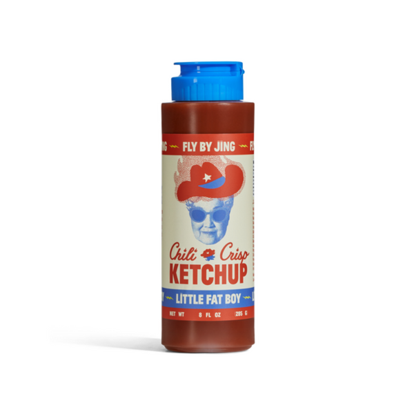 Bottle of Fly By Jing Chili Crisp Ketchup on a white background