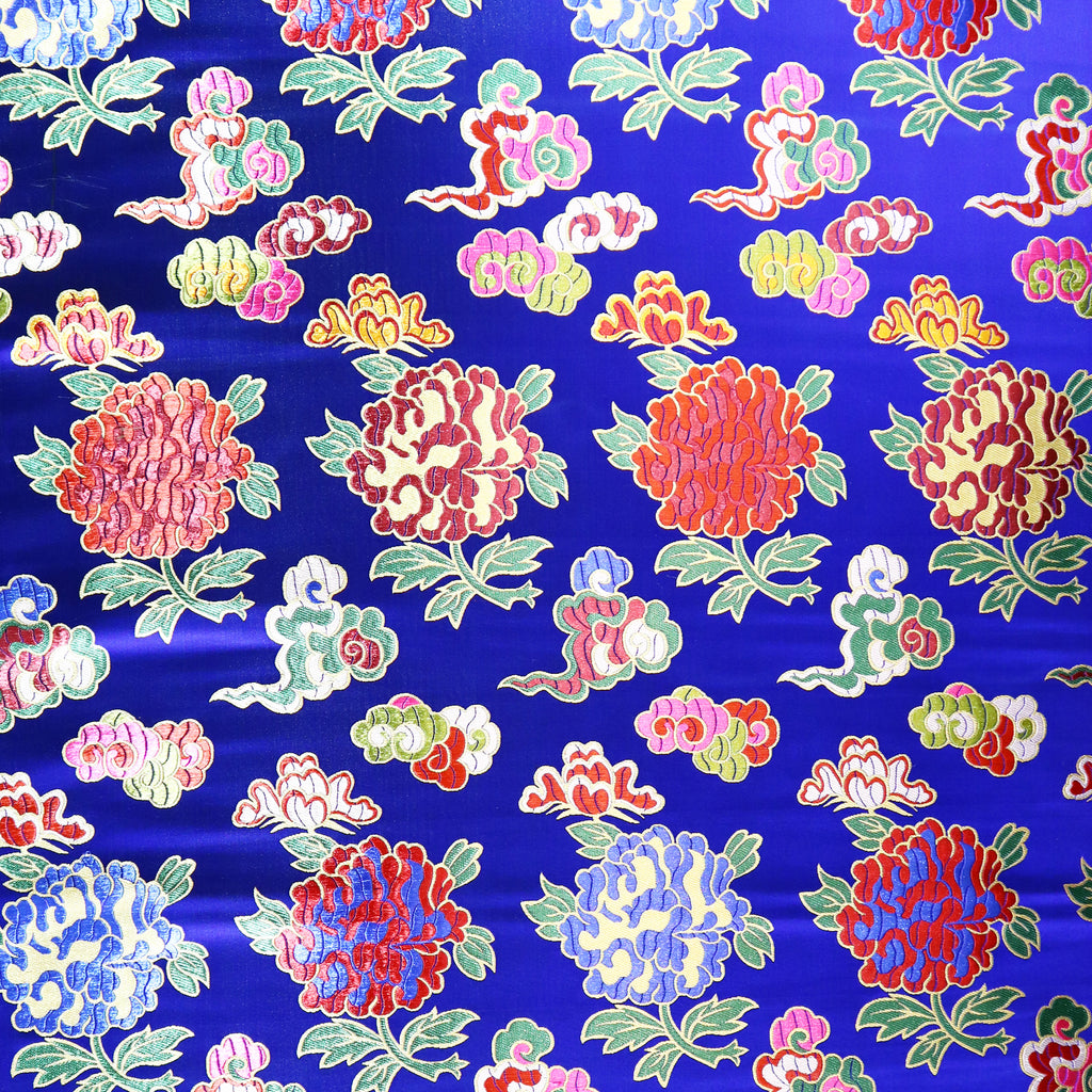 Colorful Peony Brocade Fabric - Cobalt Blue